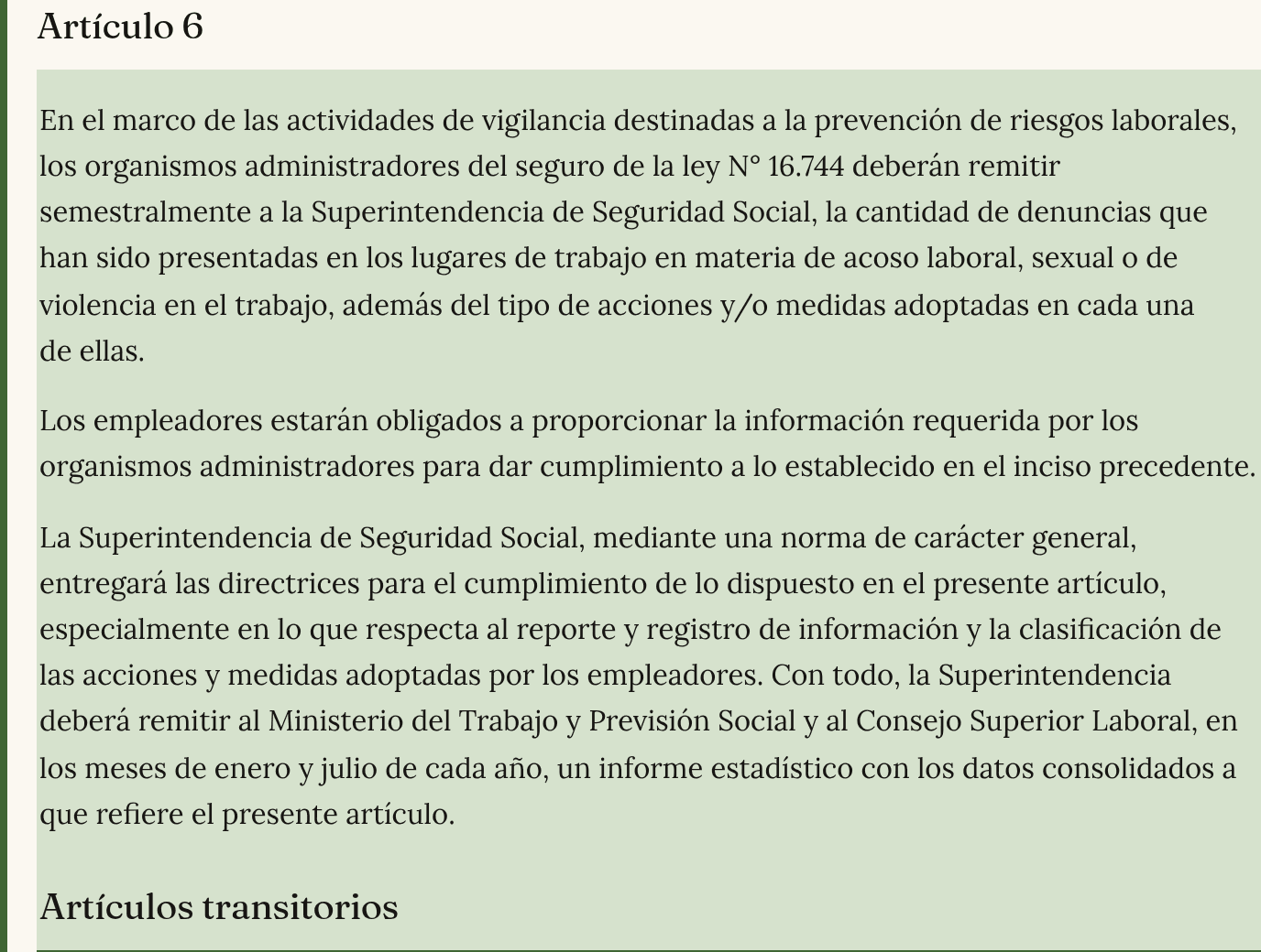 Vista redline del lector: el artículo 6 de la Ley 21.643 aparece completo sobre fondo verde, la marca de texto añadido, con el inciso que obliga a remitir semestralmente a la Superintendencia de Seguridad Social la cantidad de denuncias por acoso laboral, sexual o violencia en el trabajo.