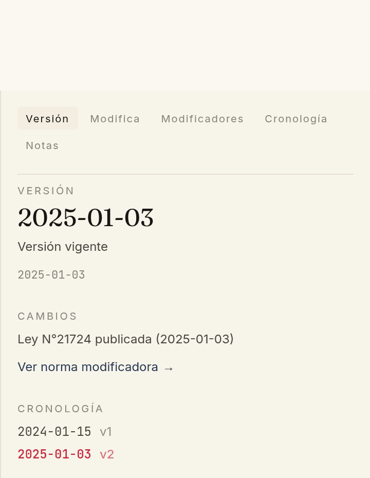 Panel lateral del lector mostrando la versión 2025-01-03 de la Ley 21.643 como versión vigente, con «Ley N°21724 publicada (2025-01-03)» bajo el rótulo CAMBIOS y una cronología de dos versiones: 2024-01-15 (v1) y 2025-01-03 (v2).